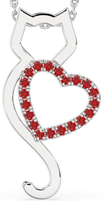 Large Ruby Silver Cat Heart Necklace