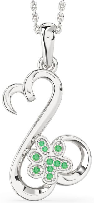 Emerald Silver Heart Paw Necklace