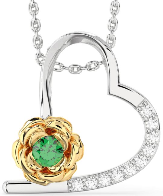 Diamond Emerald Gold Silver Heart Flower Necklace