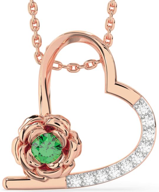 Diamond Emerald Rose Gold Heart Flower Necklace