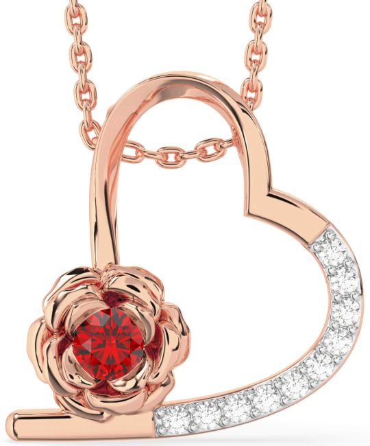 Diamond Ruby Rose Gold Heart Flower Necklace