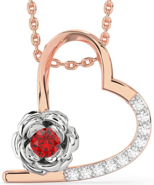 Diamond Ruby Rose Gold Silver Heart Flower Necklace