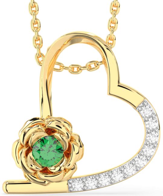 Diamond Emerald Gold Heart Flower Necklace