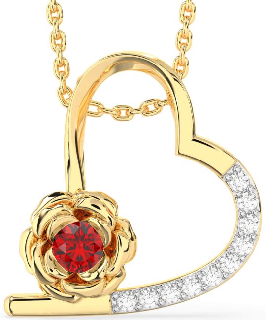Diamond Ruby Gold Heart Flower Necklace