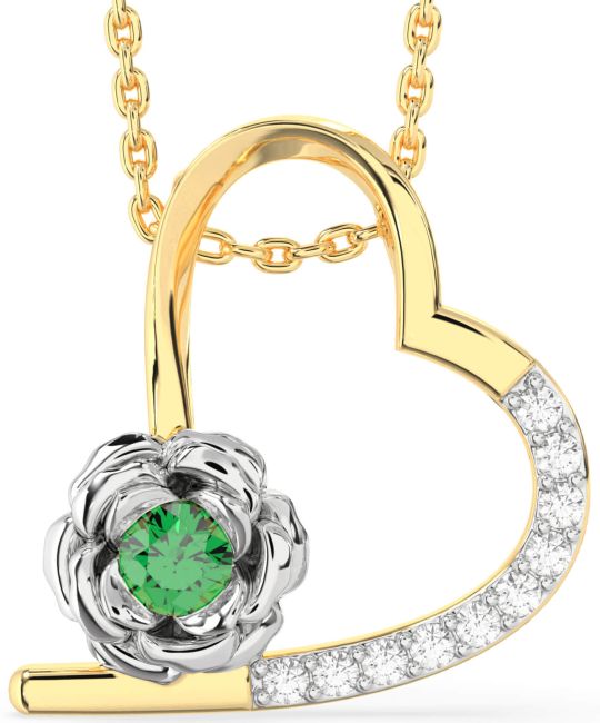 Diamond Emerald Gold Silver Heart Flower Necklace