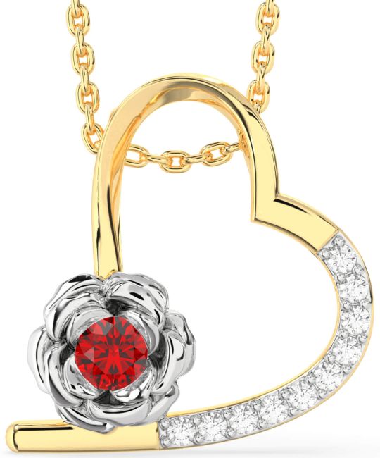 Diamond Ruby Gold Silver Heart Flower Necklace