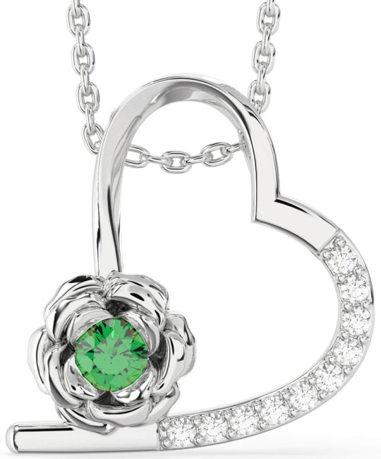 Diamond Emerald Silver Heart Flower Necklace