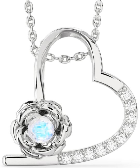 Diamond Moonstone Silver Heart Flower Necklace