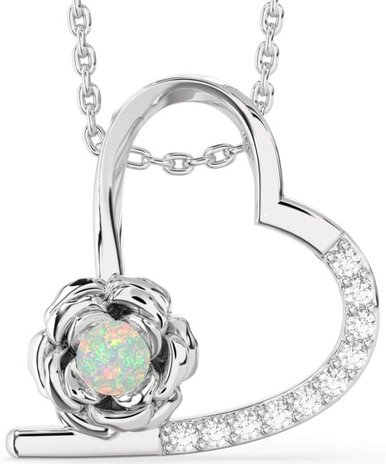 Diamond Opal Silver Heart Flower Necklace