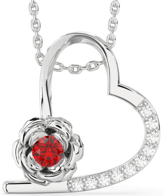 Diamond Ruby Silver Heart Flower Necklace