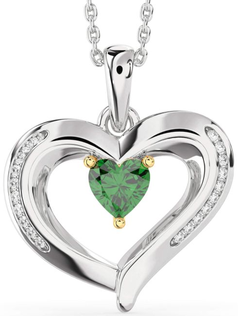 Diamond Emerald Silver & 10K gold Heart Necklace
