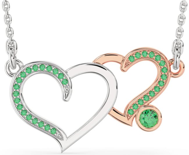 Large Emerald Platinum & Rose Gold Heart Necklace