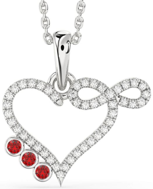 Diamond Ruby Silver Heart Infinity Birthstone Necklace
