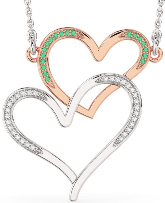 Large Diamond & Emerald Silver & 10K Rose Gold Heart Necklace