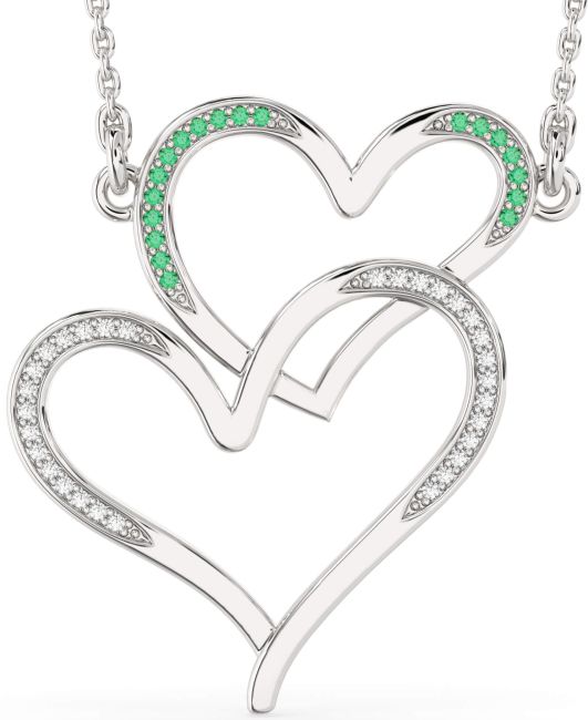 Large Diamond & Emerald White Gold Heart Necklace