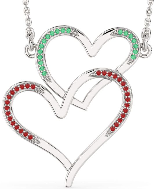 Large Emerald & Ruby Silver Heart Necklace
