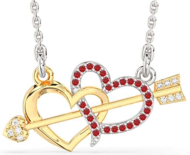 Large Diamond & Ruby White Yellow Gold Heart Necklace