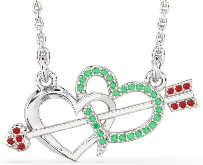 Large Emerald & Ruby Silver Heart Necklace
