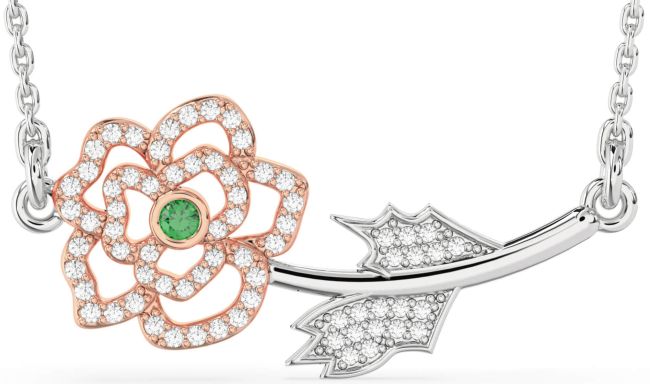 Large Diamond Emerald Platinum & Rose Gold Flower Necklace