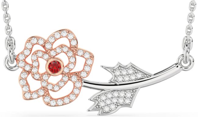 Large Diamond Ruby White Rose Gold Flower Necklace