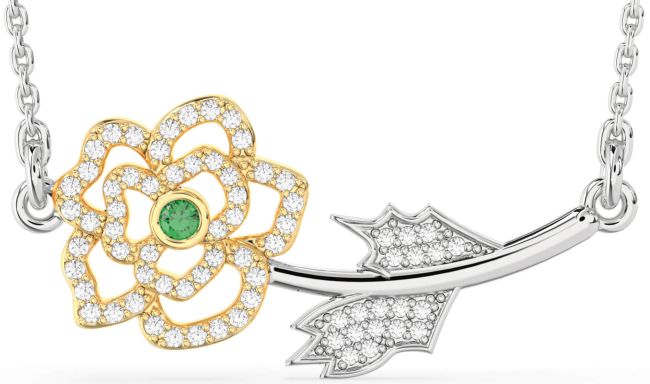 Large Diamond Emerald Gold Silver Flower Necklace