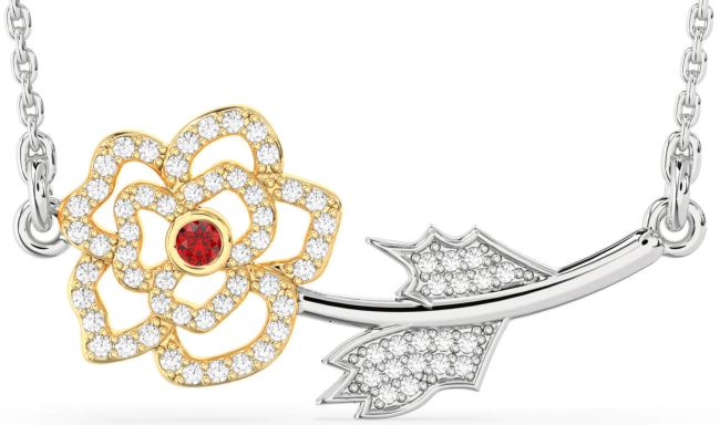 Large Diamond Ruby Gold Silver Flower Necklace