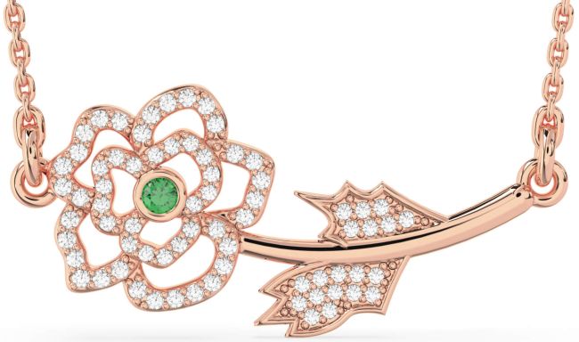 Large Diamond Emerald Rose Gold Flower Necklace
