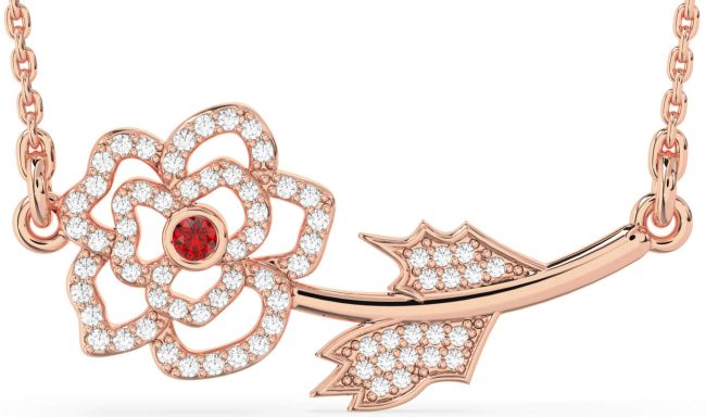 Large Diamond Ruby Rose Gold Flower Necklace