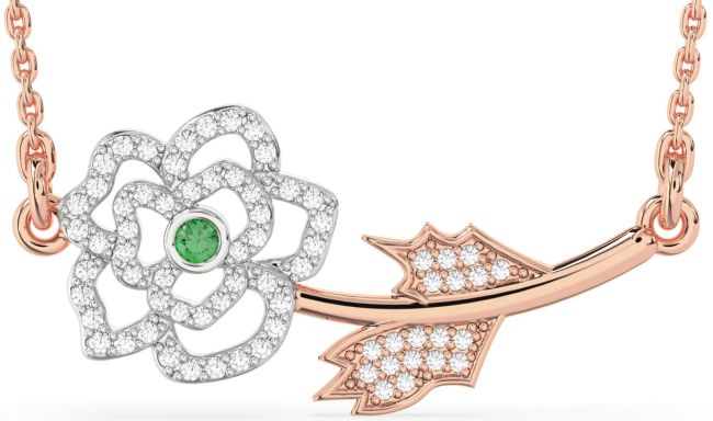Large Diamond Emerald Rose Gold Silver Flower Necklace