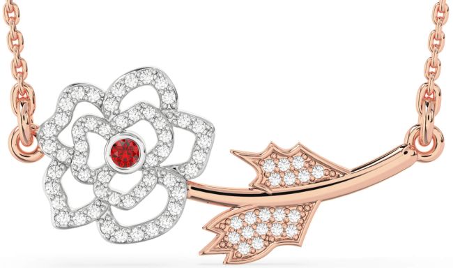 Large Diamond Ruby Rose Gold Silver Flower Necklace