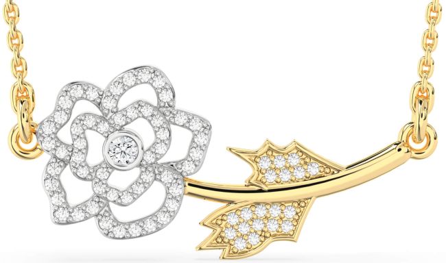 Large Diamond White Yellow Gold Flower Necklace
