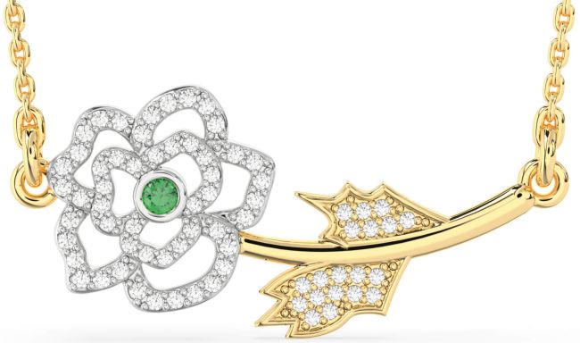 Large Diamond Emerald Gold Silver Flower Necklace