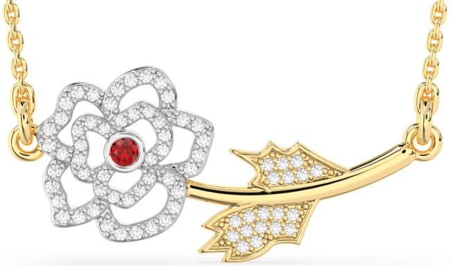 Large Diamond Ruby Gold Silver Flower Necklace