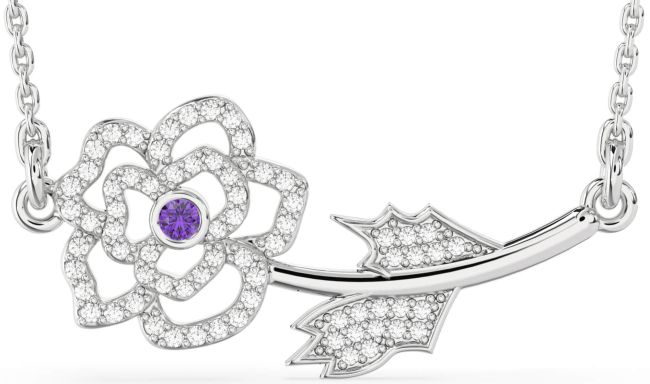 Large Diamond Amethyst Silver Flower Necklace
