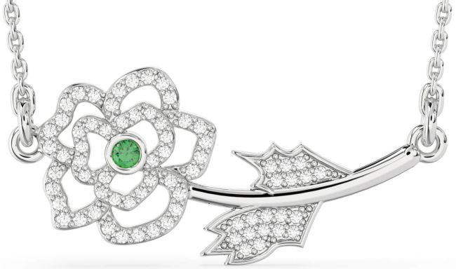 Large Diamond Emerald Silver Flower Necklace