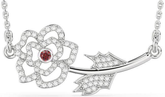 Large Diamond Garnet Silver Flower Necklace