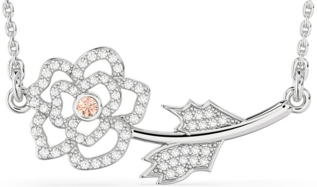 Large Diamond Morganite Silver Flower Necklace