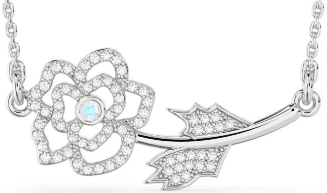 Large Diamond Moonstone Silver Flower Necklace
