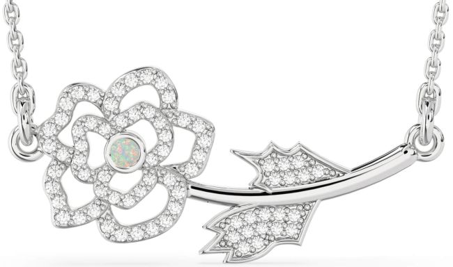 Large Diamond Opal Silver Flower Necklace