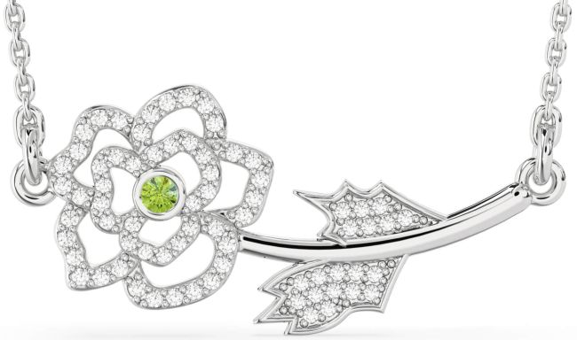 Large Diamond Peridot Silver Flower Necklace
