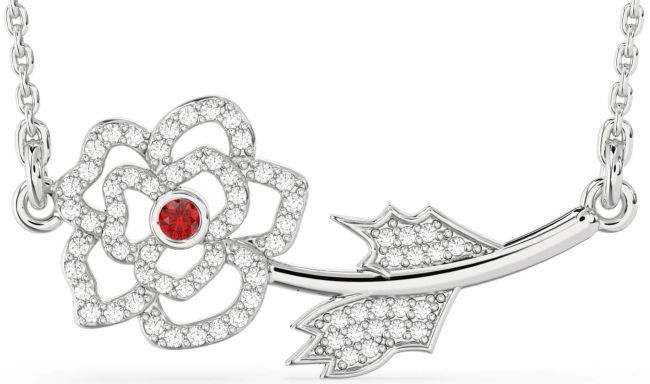 Large Diamond Ruby Silver Flower Necklace
