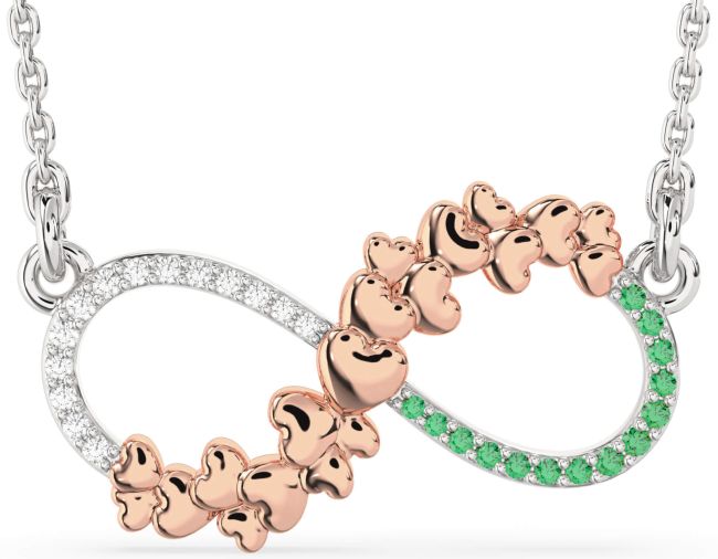 Large Emerald & Diamond Silver & 10K Rose Gold Infinity Heart Necklace