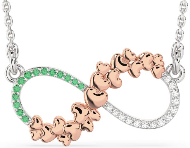 Large Diamond & Emerald Silver & 10K Rose Gold Infinity Heart Necklace