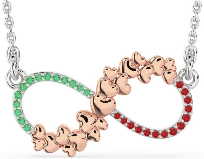 Large Emerald & Ruby Platinum & Rose Gold Infinity Heart Necklace