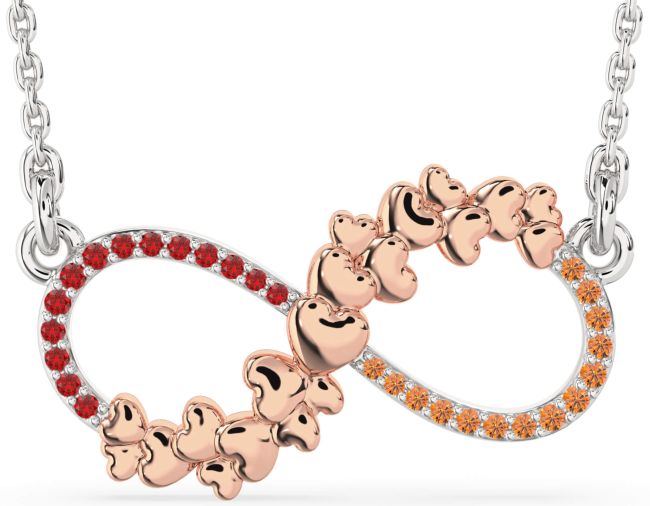 Large Ruby & Citrine Platinum & Rose Gold Infinity Heart Necklace