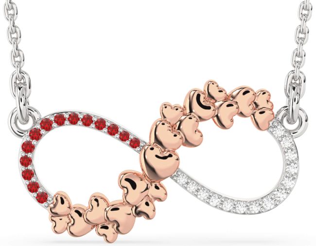 Large Diamond & Ruby Rose Gold Silver Infinity Heart Necklace