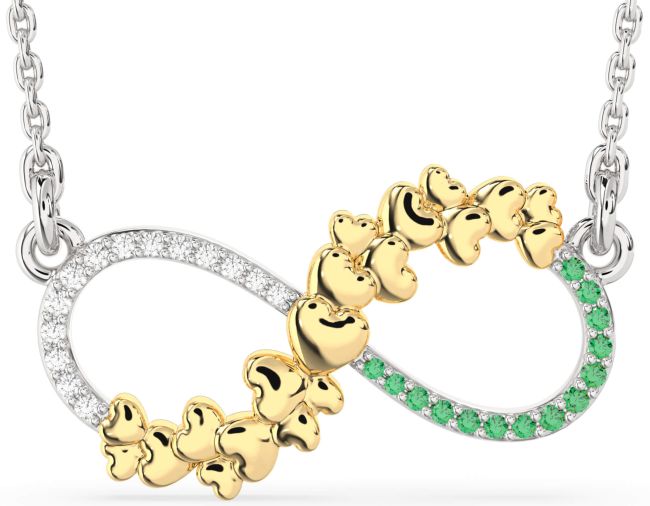 Large Emerald & Diamond Silver & 10K gold Infinity Heart Necklace