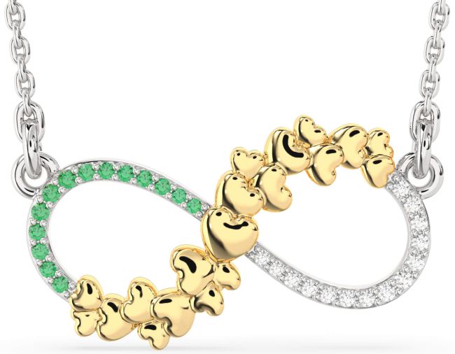 Large Diamond & Emerald Silver & 10K gold Infinity Heart Necklace