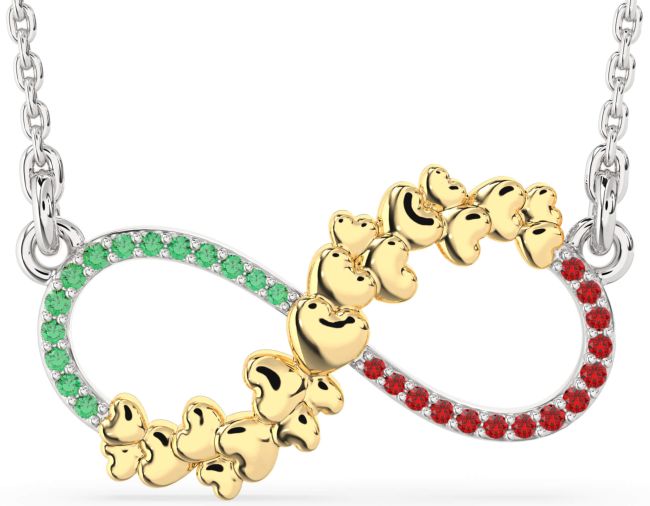 Large Emerald & Ruby Gold Silver Infinity Heart Necklace