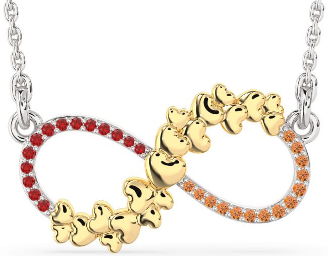 Large Ruby & Citrine Gold Silver Infinity Heart Necklace